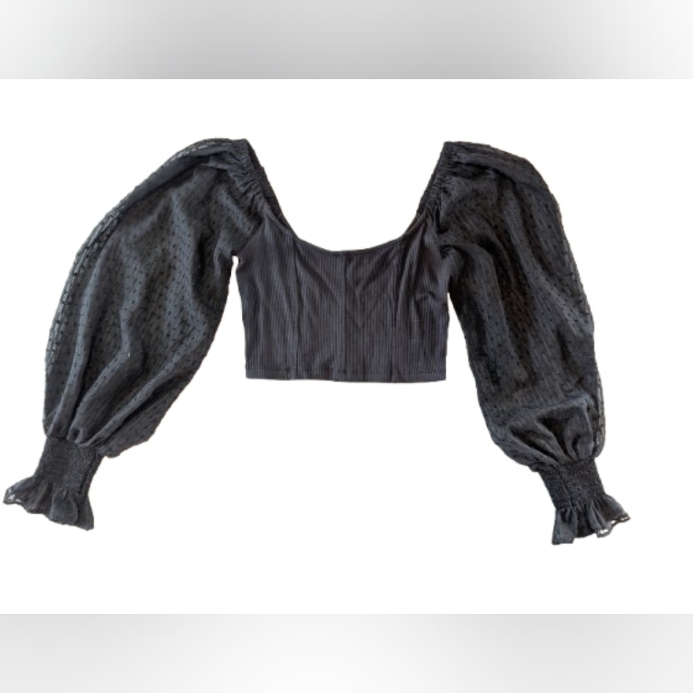 Urban Outfitters Cynthia Ribbed Square Neck Clip Dot Long Sleeve Crop Top black